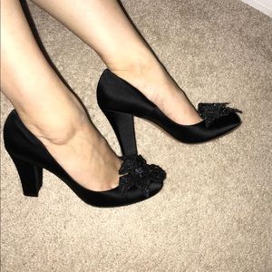 Joan & David Black Satin Pumps w/ Flower Detail